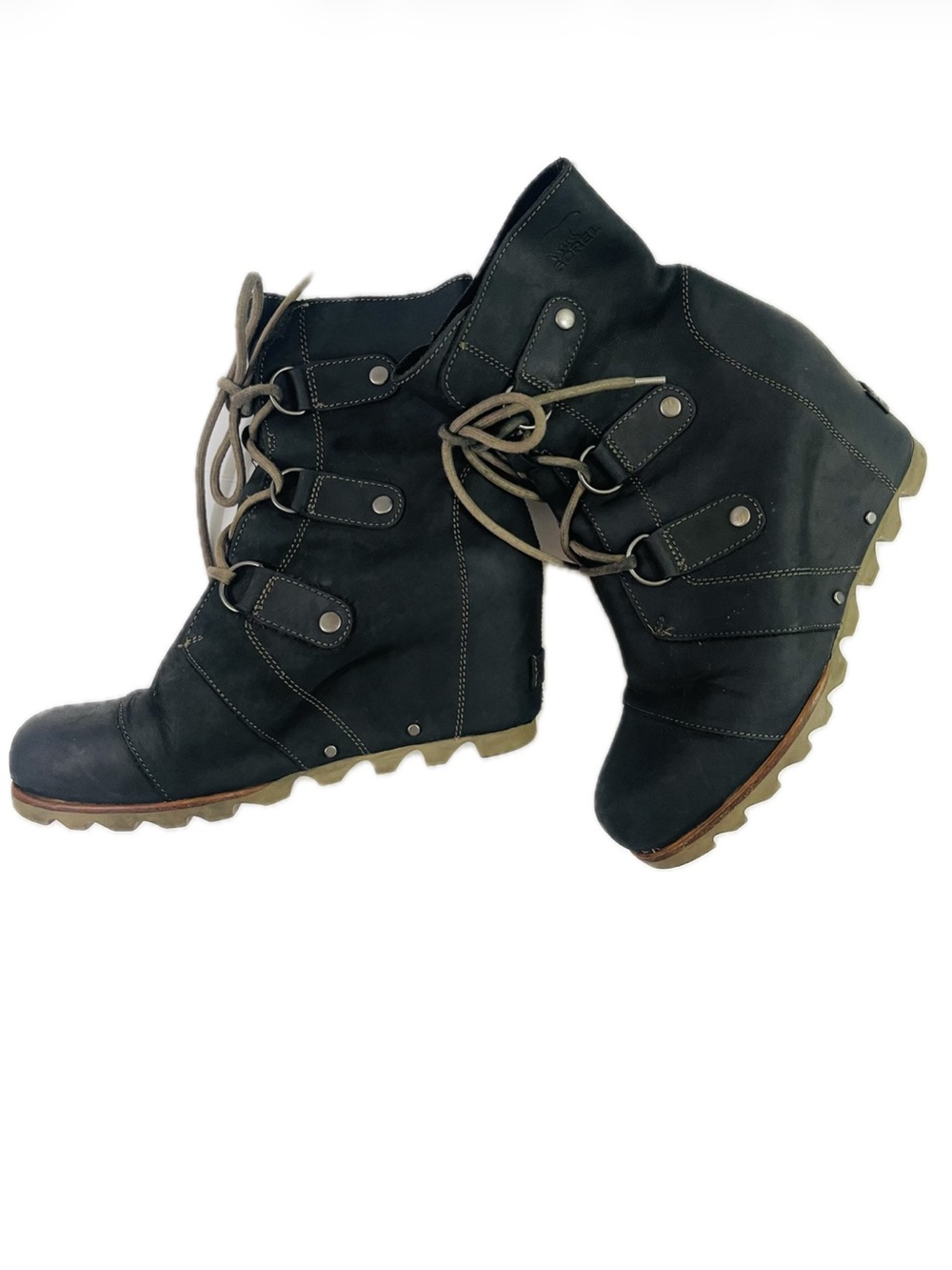 Sorel Joan of Arctic Black Gray Lace-Up Wedge Ankle Boots - Casual Comfort